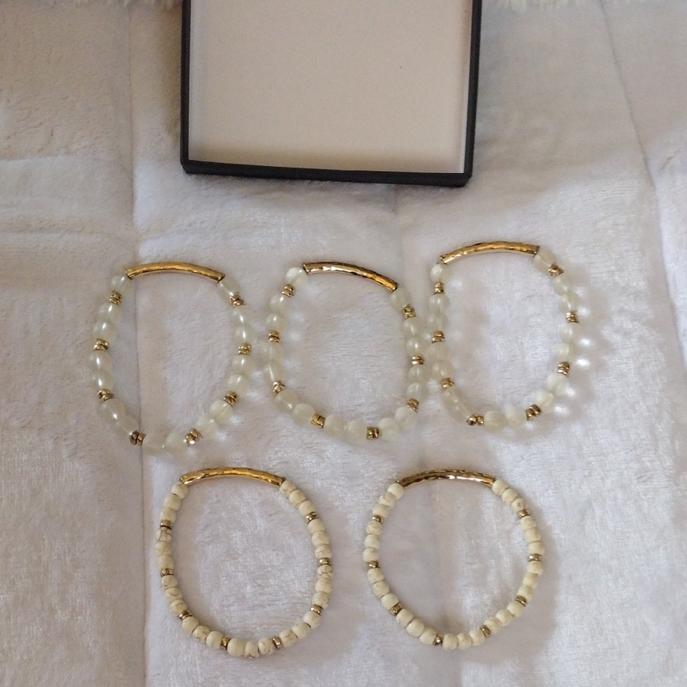 Elegant Gold and Cream Beaded Bracelet Set Of 5
